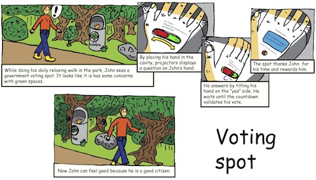 In Voting Spot, citizens are invited to answer government-asked questions about potential ideas; they use their hand to indicate their level of feeling.